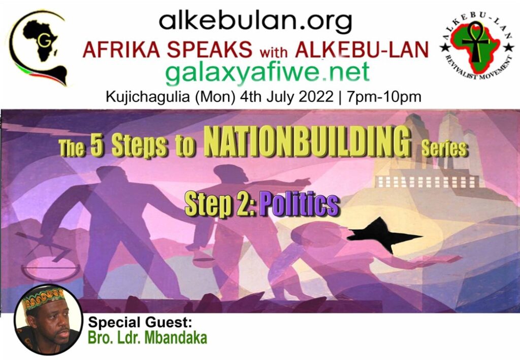 Afrika Speaks with Alkebu-Lan on Galaxy Radio 04/07/22 – The 5 Steps to NATIONBUILDING Series. Step 2: POLITICS 388x 1024x709